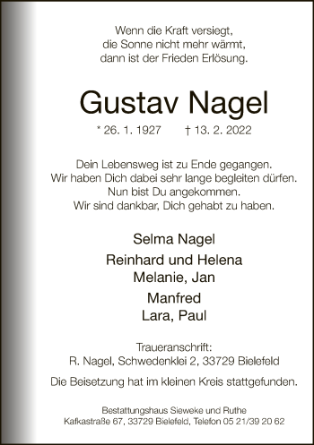 Traueranzeige von Gustav Nagel von Neue Westfälische