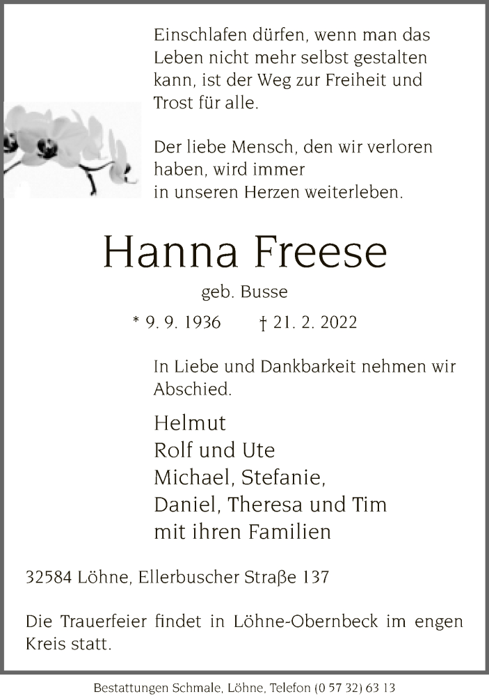  Traueranzeige für Hanna Freese vom 24.02.2022 aus Neue Westfälische