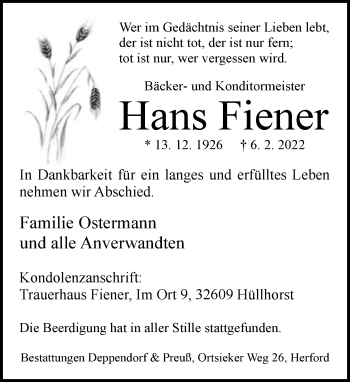 Traueranzeige von Hans Fiener von Neue Westfälische