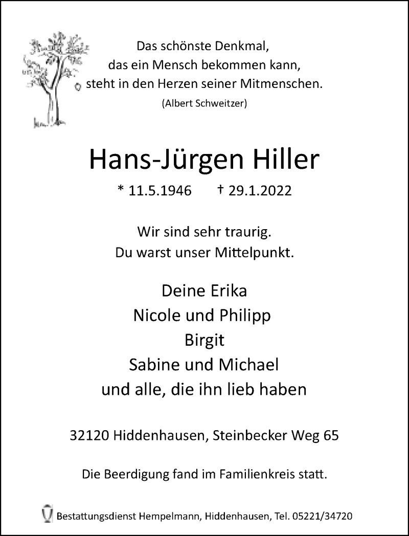  Traueranzeige für Hans-Jürgen Hiller vom 05.02.2022 aus Neue Westfälische