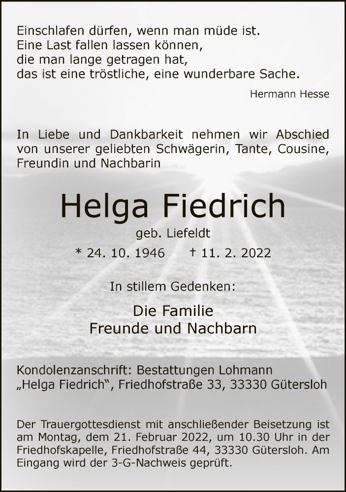  Traueranzeige für Helga Fiedrich vom 19.02.2022 aus Neue Westfälische