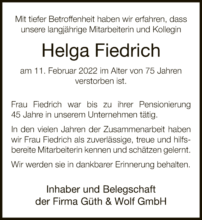  Traueranzeige für Helga Fiedrich vom 23.02.2022 aus Neue Westfälische