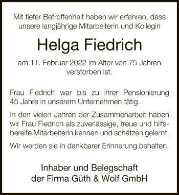 Traueranzeige von Helga Fiedrich von Neue Westfälische