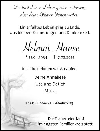 Traueranzeige von Helmut Haase von Neue Westfälische