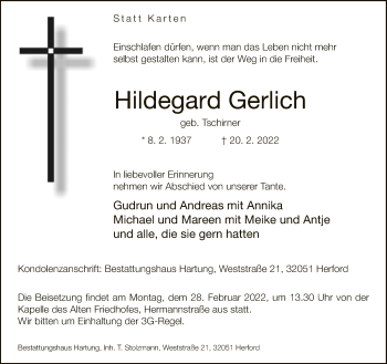 Traueranzeige von Hildegard Gerlich von Neue Westfälische