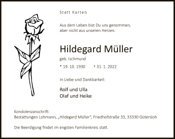 Traueranzeige von Hildegard Müller von Neue Westfälische