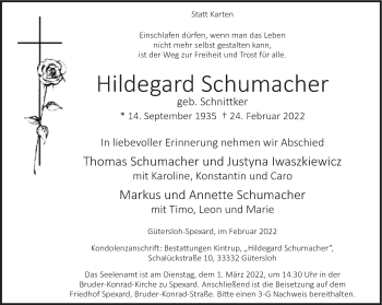 Traueranzeige von Hildegard Schumacher von Neue Westfälische