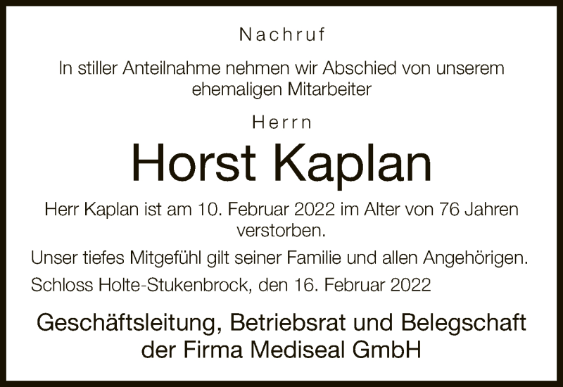  Traueranzeige für Horst Kaplan vom 22.02.2022 aus Neue Westfälische