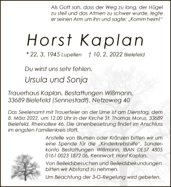 Traueranzeige von Horst Kaplan von Neue Westfälische