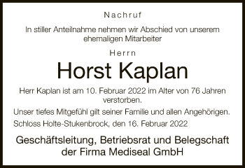 Traueranzeige von Horst Kaplan von Neue Westfälische