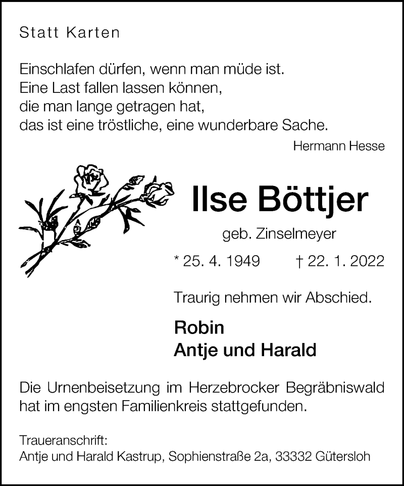  Traueranzeige für Ilse Böttjer vom 04.02.2022 aus Neue Westfälische