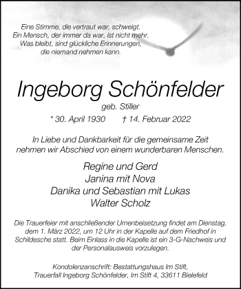 Traueranzeige von Ingeborg Schönfelder von Neue Westfälische