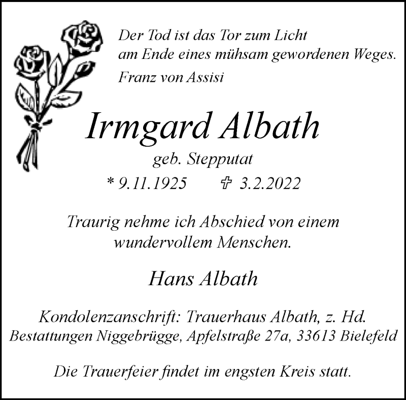  Traueranzeige für Irmgard Albath vom 12.02.2022 aus Neue Westfälische