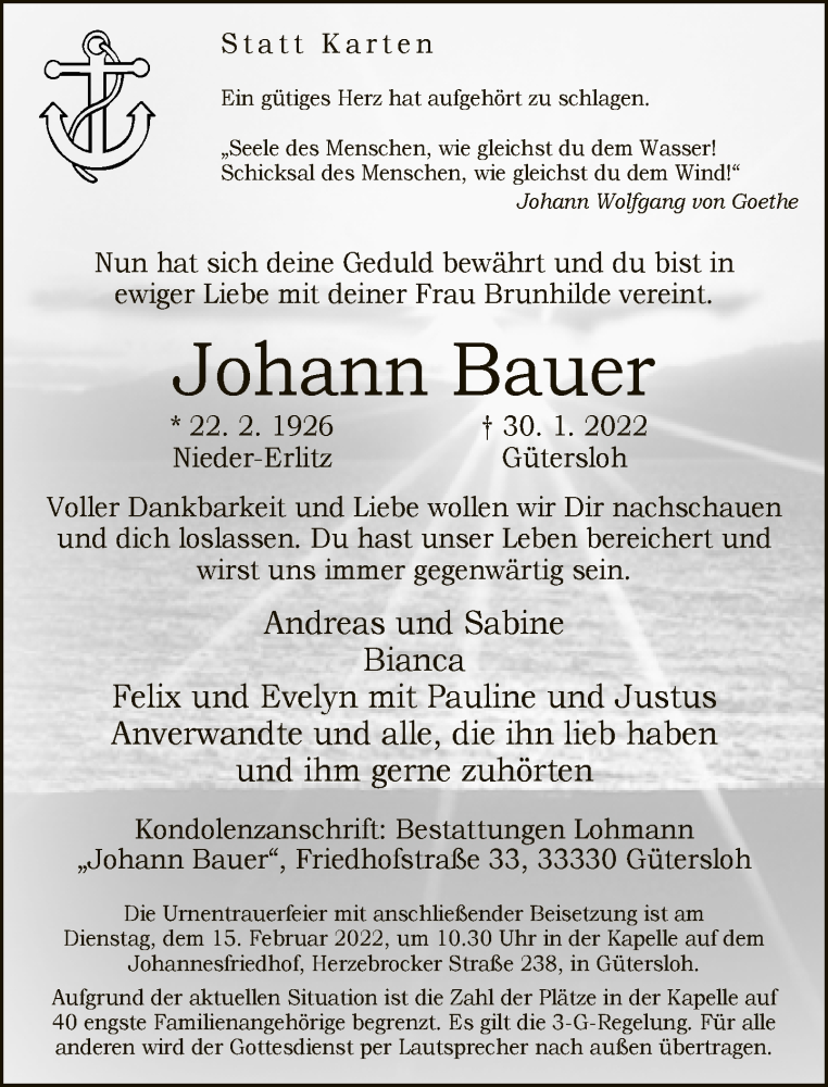  Traueranzeige für Johann Bauer vom 11.02.2022 aus Neue Westfälische