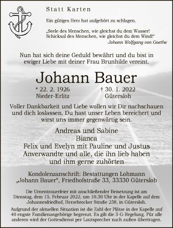 Traueranzeige von Johann Bauer von Neue Westfälische