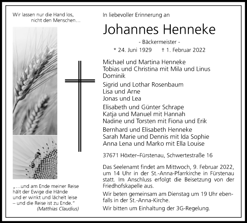  Traueranzeige für Johannes Henneke vom 05.02.2022 aus Neue Westfälische