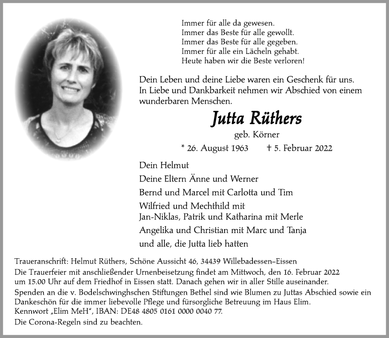  Traueranzeige für Jutta Rüthers vom 10.02.2022 aus Neue Westfälische