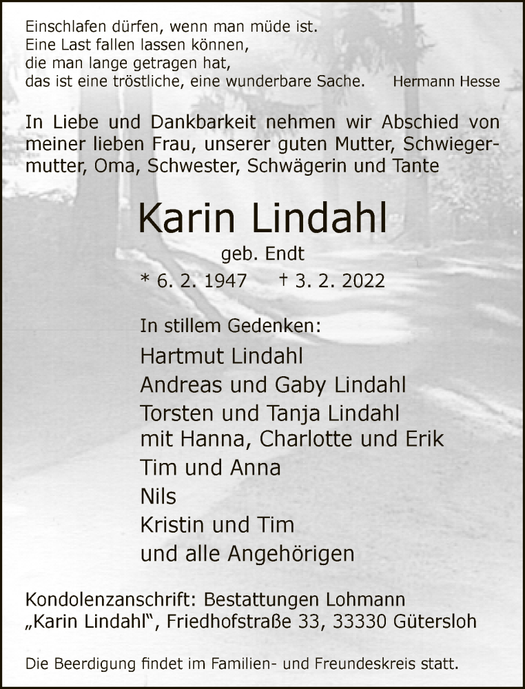  Traueranzeige für Karin Lindahl vom 12.02.2022 aus Neue Westfälische