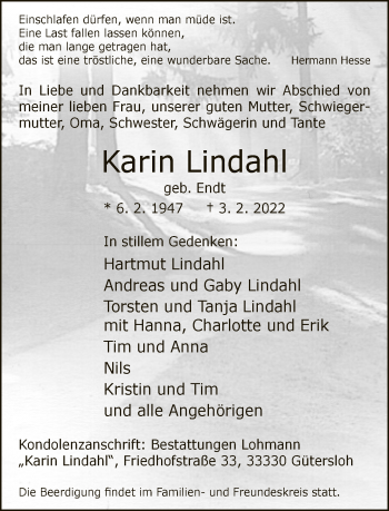 Traueranzeige von Karin Lindahl von Neue Westfälische