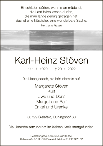 Traueranzeige von Karl-Heinz Stöven von Neue Westfälische