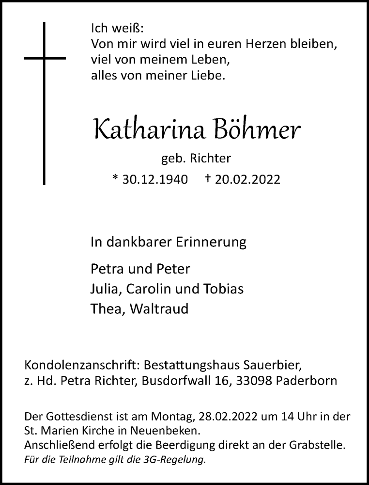  Traueranzeige für Katharina Böhmer vom 23.02.2022 aus Neue Westfälische