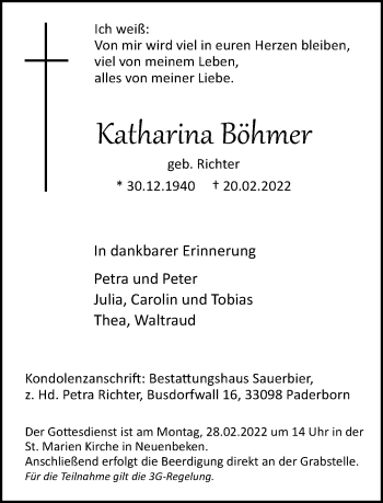 Traueranzeige von Katharina Böhmer von Neue Westfälische