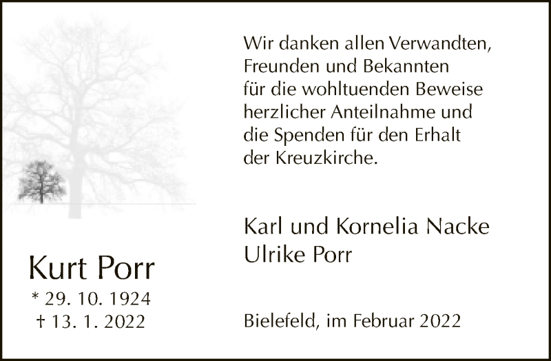  Traueranzeige für Kurt Porr vom 23.02.2022 aus Neue Westfälische