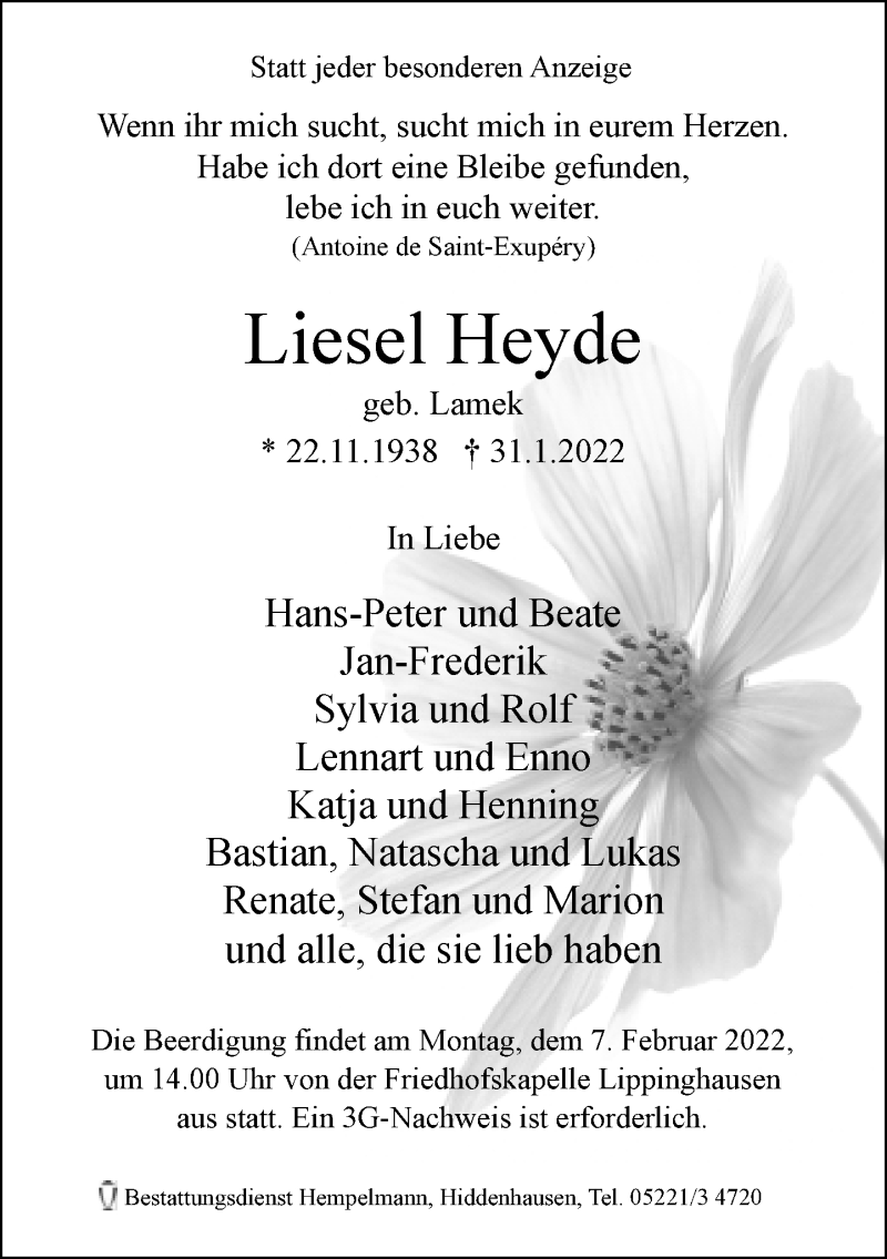  Traueranzeige für Liesel Heyde vom 03.02.2022 aus Neue Westfälische