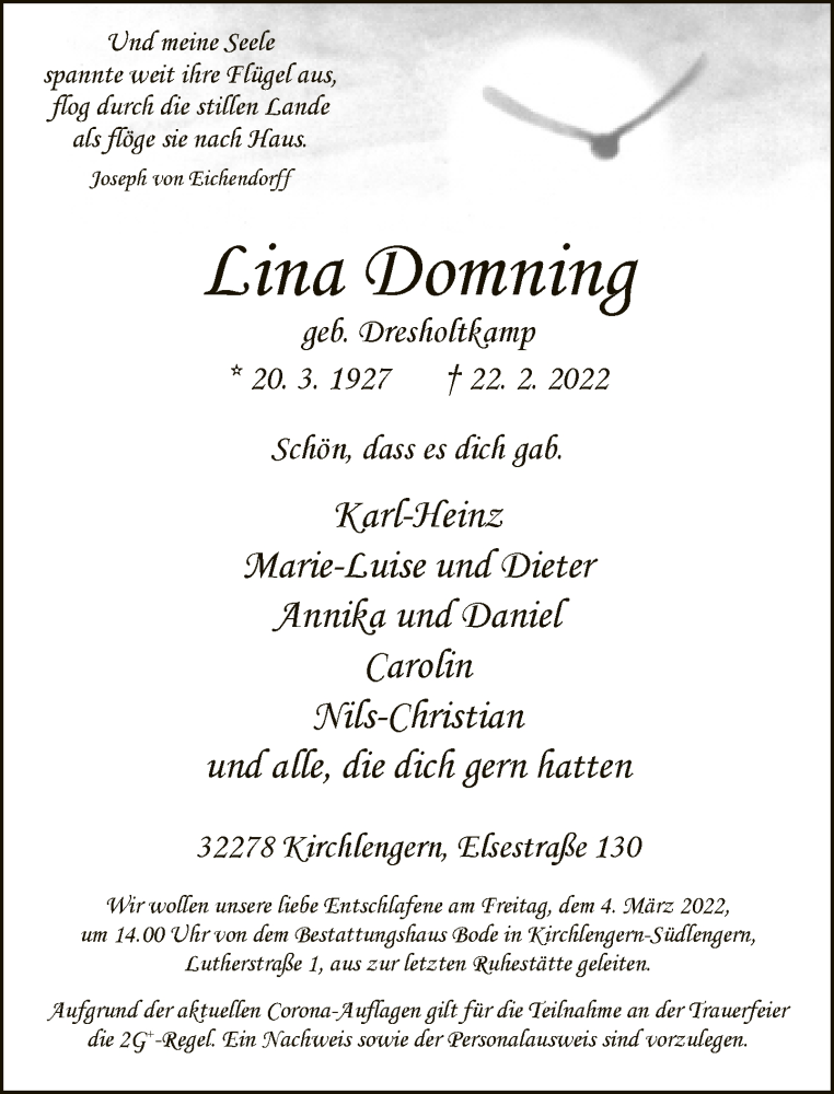  Traueranzeige für Lina Domning vom 26.02.2022 aus Neue Westfälische