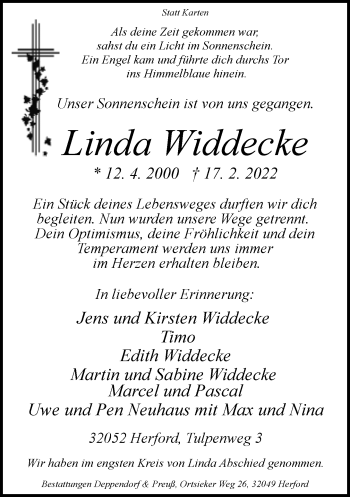 Traueranzeige von Linda Widdecke von Neue Westfälische
