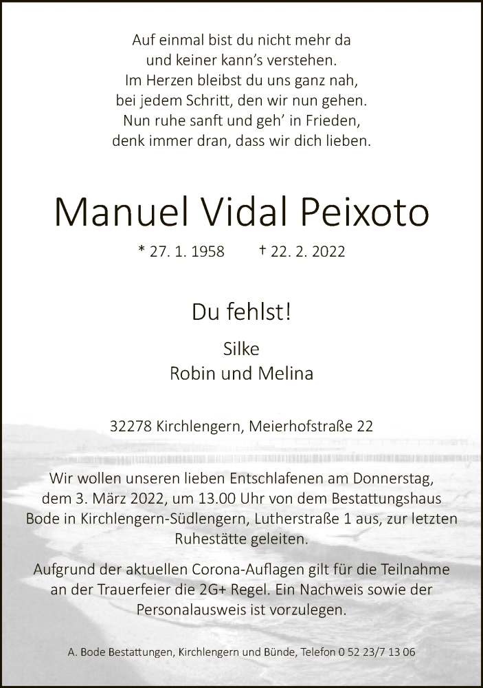  Traueranzeige für Manuel Vidal Peixoto vom 26.02.2022 aus Neue Westfälische