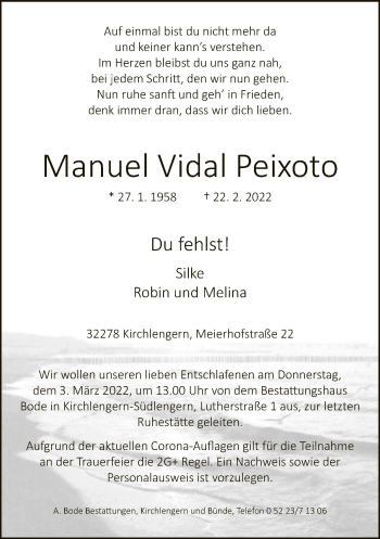 Traueranzeige von Manuel Vidal Peixoto von Neue Westfälische