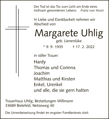 Traueranzeige von Margarete Uhlig von Neue Westfälische