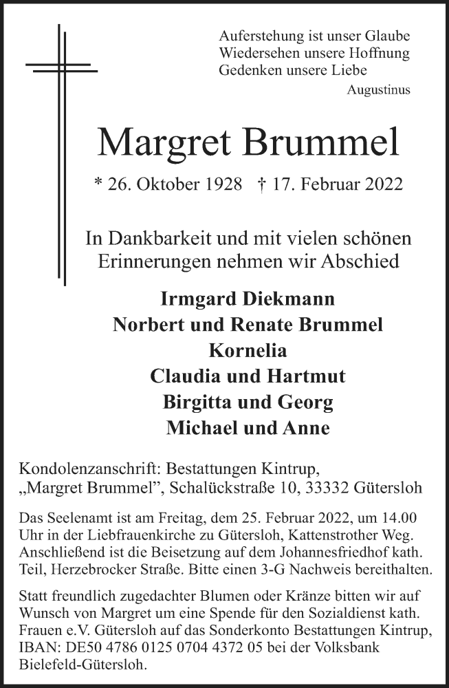  Traueranzeige für Margret Brummel vom 21.02.2022 aus Neue Westfälische