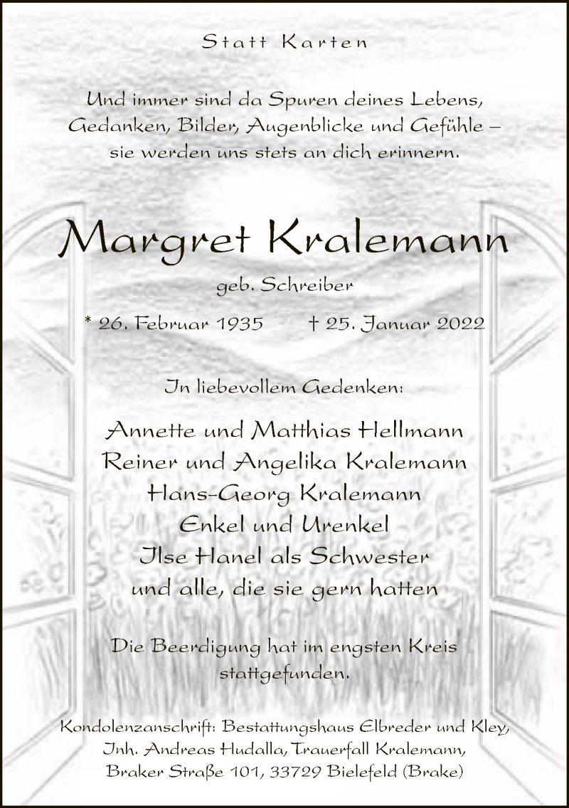  Traueranzeige für Margret Kralemann vom 05.02.2022 aus Neue Westfälische