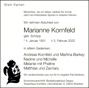 Traueranzeige von Marianne Kornfeld von Neue Westfälische