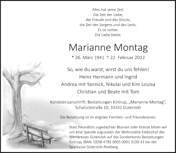 Traueranzeige von Marianne Montag von Neue Westfälische