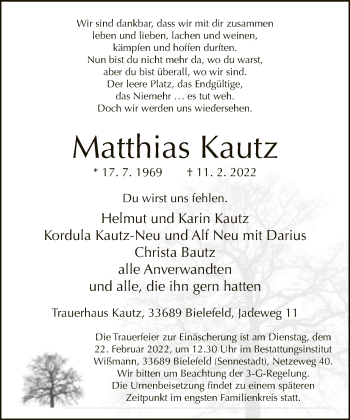 Traueranzeige von Matthias Kautz von Neue Westfälische