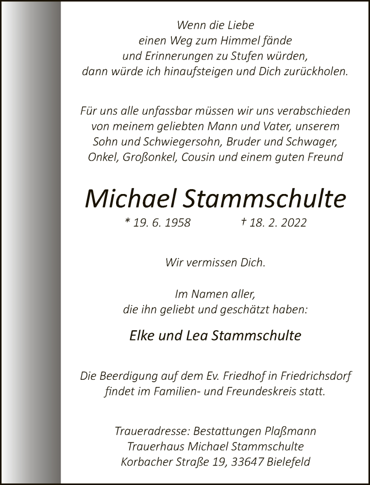  Traueranzeige für Michael Stammschulte vom 26.02.2022 aus Neue Westfälische
