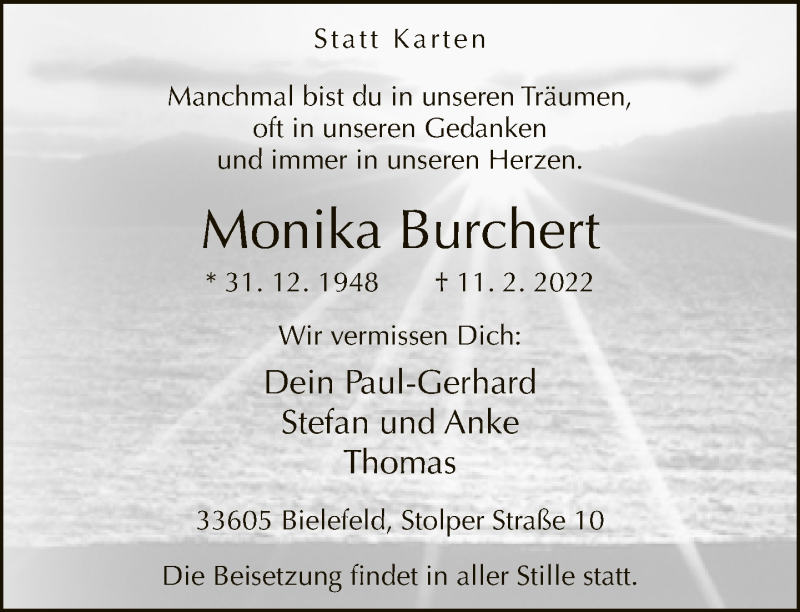  Traueranzeige für Monika Burchert vom 19.02.2022 aus Neue Westfälische