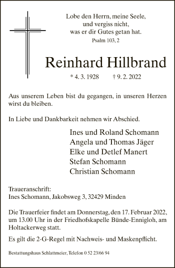 Traueranzeige von Reinhard Hillbrand von Neue Westfälische
