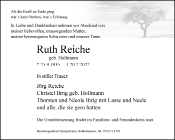 Traueranzeige von Ruth Reiche von Neue Westfälische