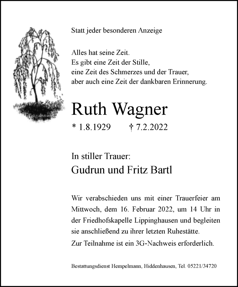  Traueranzeige für Ruth Wagner vom 09.02.2022 aus Neue Westfälische