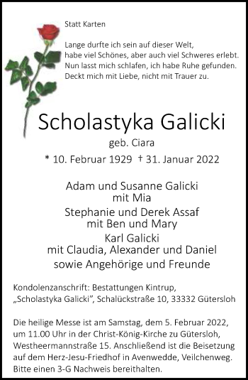 Traueranzeige von Scholastyka Galicki von Neue Westfälische