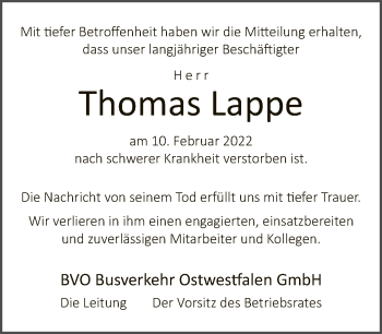 Traueranzeige von Thomas Lappe von Neue Westfälische