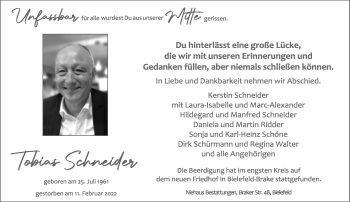Traueranzeige von Tobias Schneider von Neue Westfälische