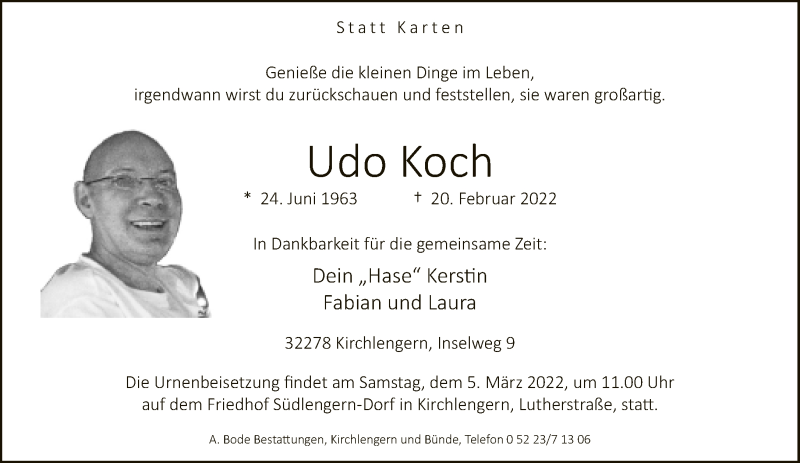  Traueranzeige für Udo Koch vom 26.02.2022 aus Neue Westfälische