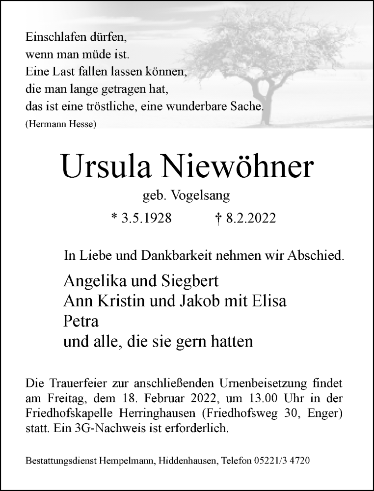  Traueranzeige für Ursula Niewöhner vom 12.02.2022 aus Neue Westfälische