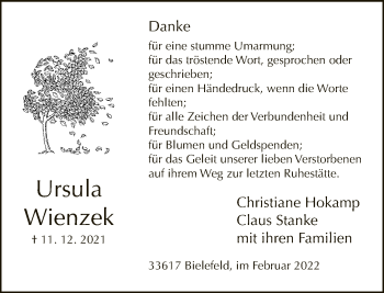 Traueranzeige von Ursula Wienzek von Neue Westfälische