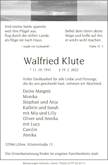 Traueranzeige von Walfried Klute von Neue Westfälische